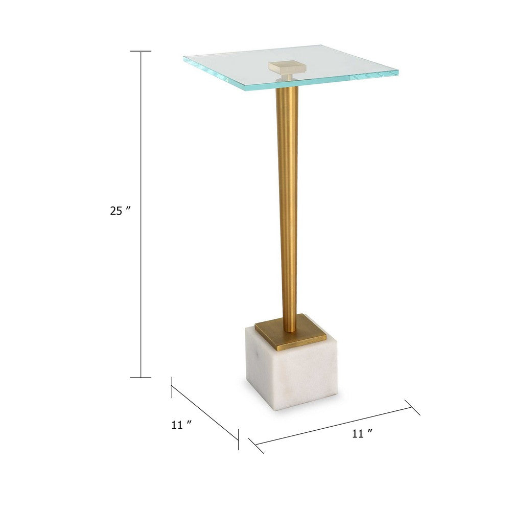 Benjara Lemy Accent Table, 11 Inch Square Glass Top, White Marble, Retro Brass
