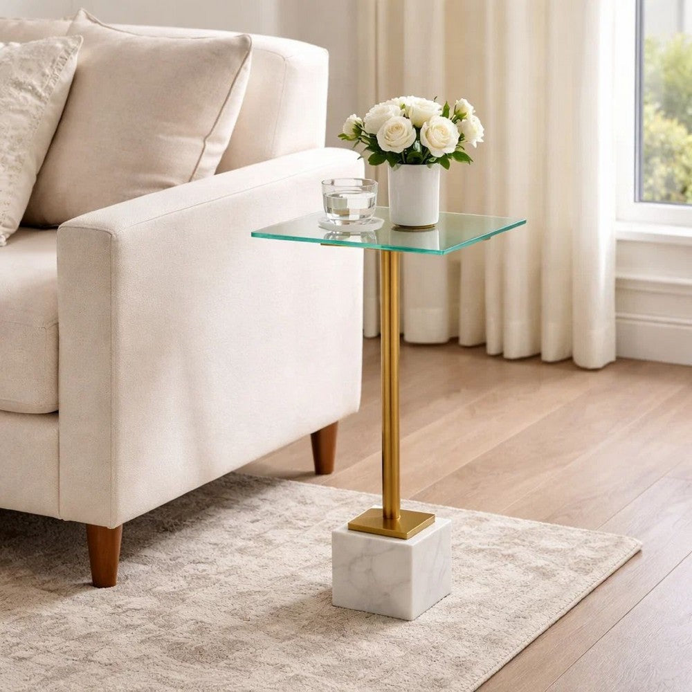 Benjara Lemy Accent Table, 11 Inch Square Glass Top, White Marble, Retro Brass