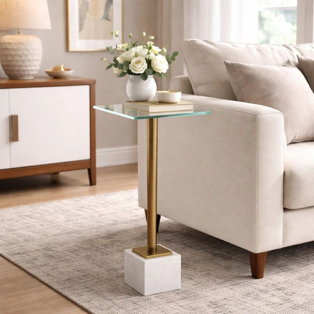 Benjara Lemy Accent Table, 11 Inch Square Glass Top, White Marble, Retro Brass