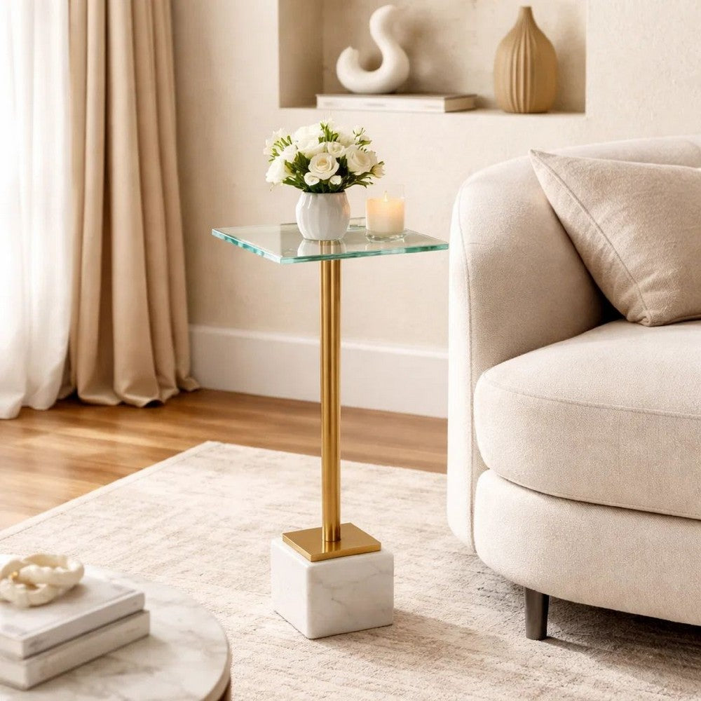 Benjara Lemy Accent Table, 11 Inch Square Glass Top, White Marble, Retro Brass