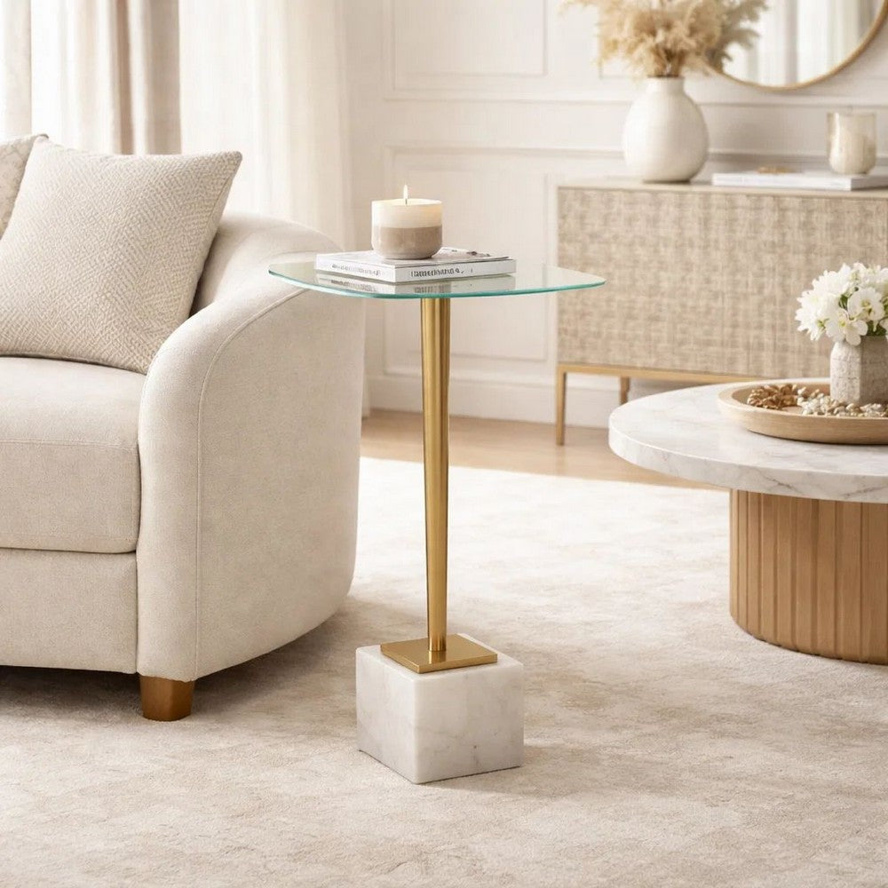 Benjara Lemy Accent Table, 11 Inch Square Glass Top, White Marble, Retro Brass