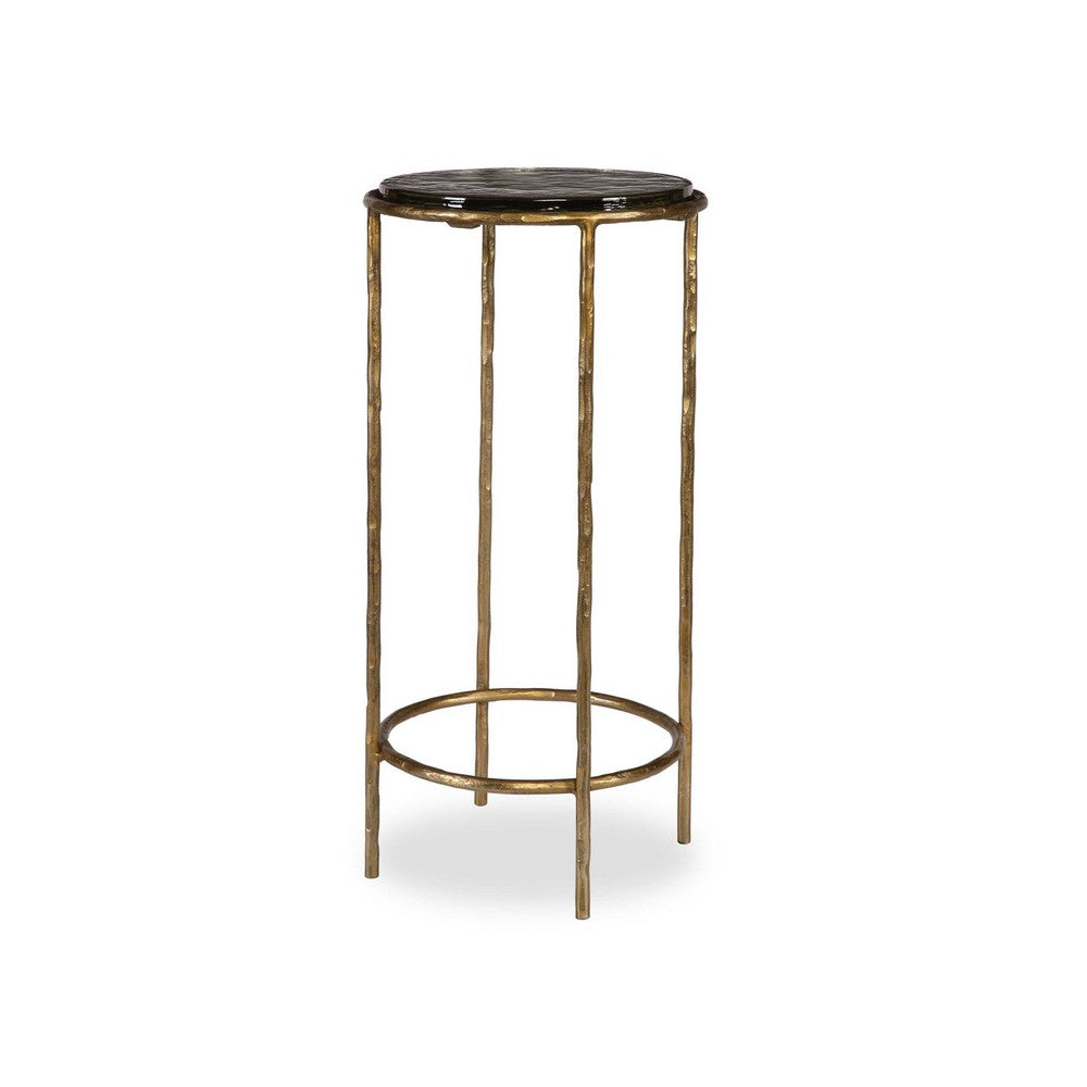 Benjara Hex Accent Table, 12 Inch Round Recycled Glass Top, Gold Iron Frame