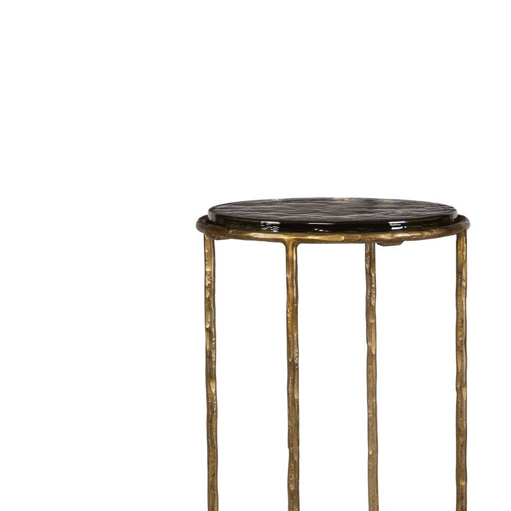 Benjara Hex Accent Table, 12 Inch Round Recycled Glass Top, Gold Iron Frame