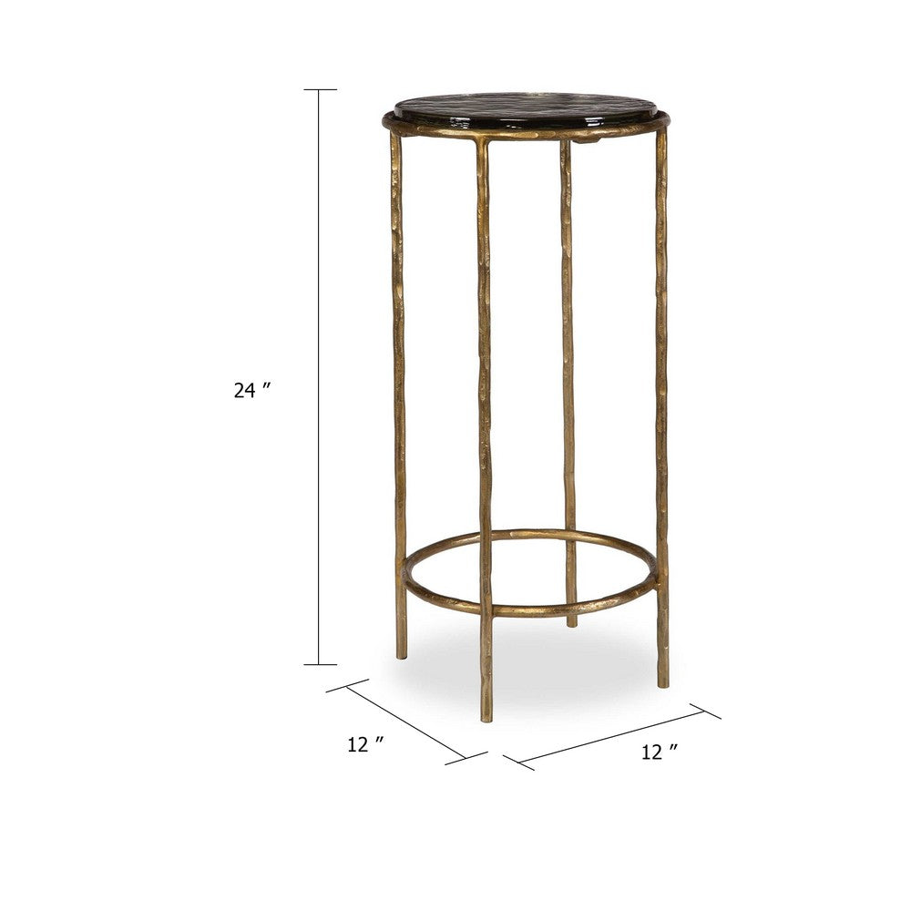 Benjara Hex Accent Table, 12 Inch Round Recycled Glass Top, Gold Iron Frame
