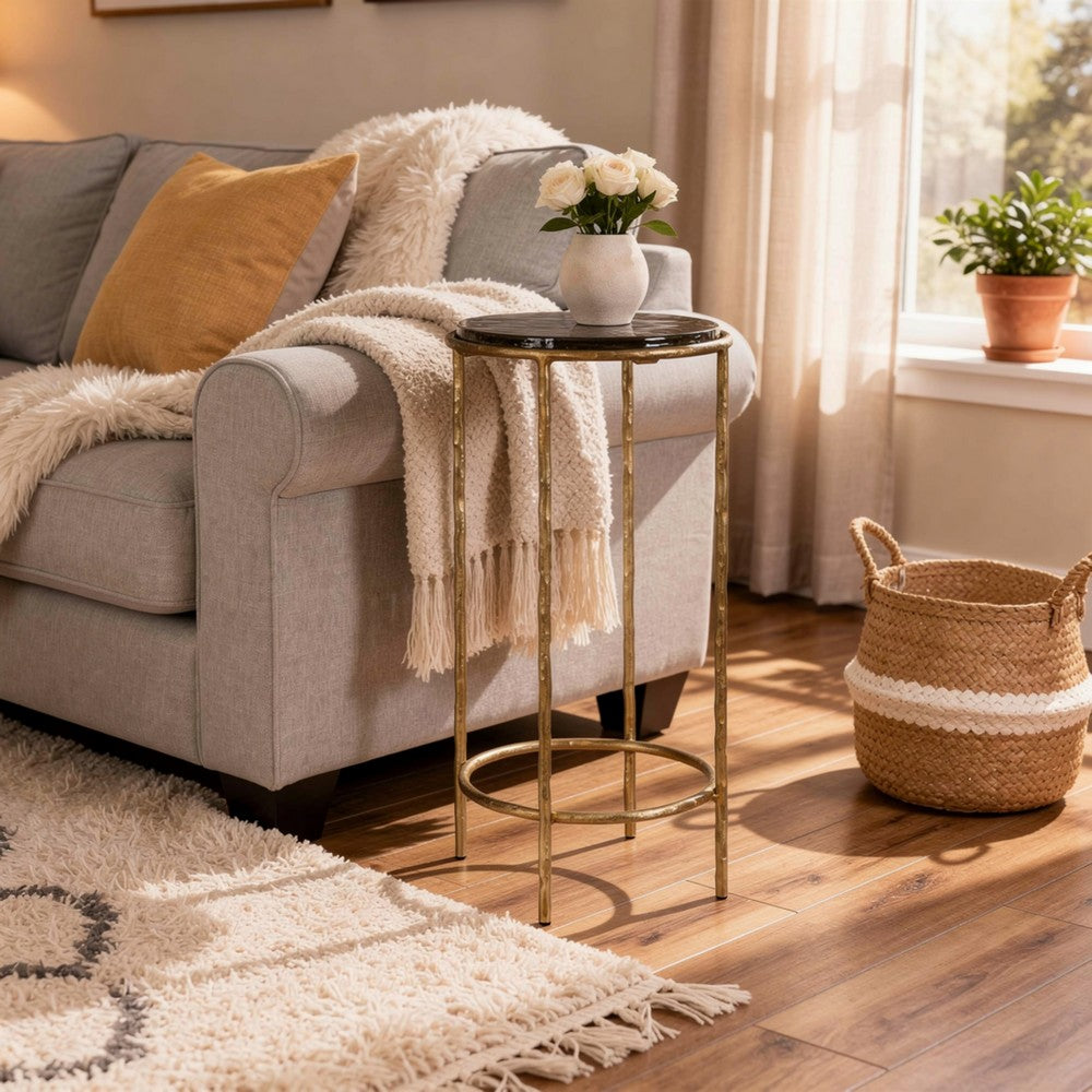 Benjara Hex Accent Table, 12 Inch Round Recycled Glass Top, Gold Iron Frame