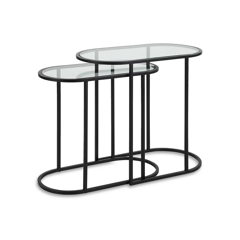 Benjara Valo 2pc Nesting Accent Table Set, Glass Oval Top, Retro Matte Black