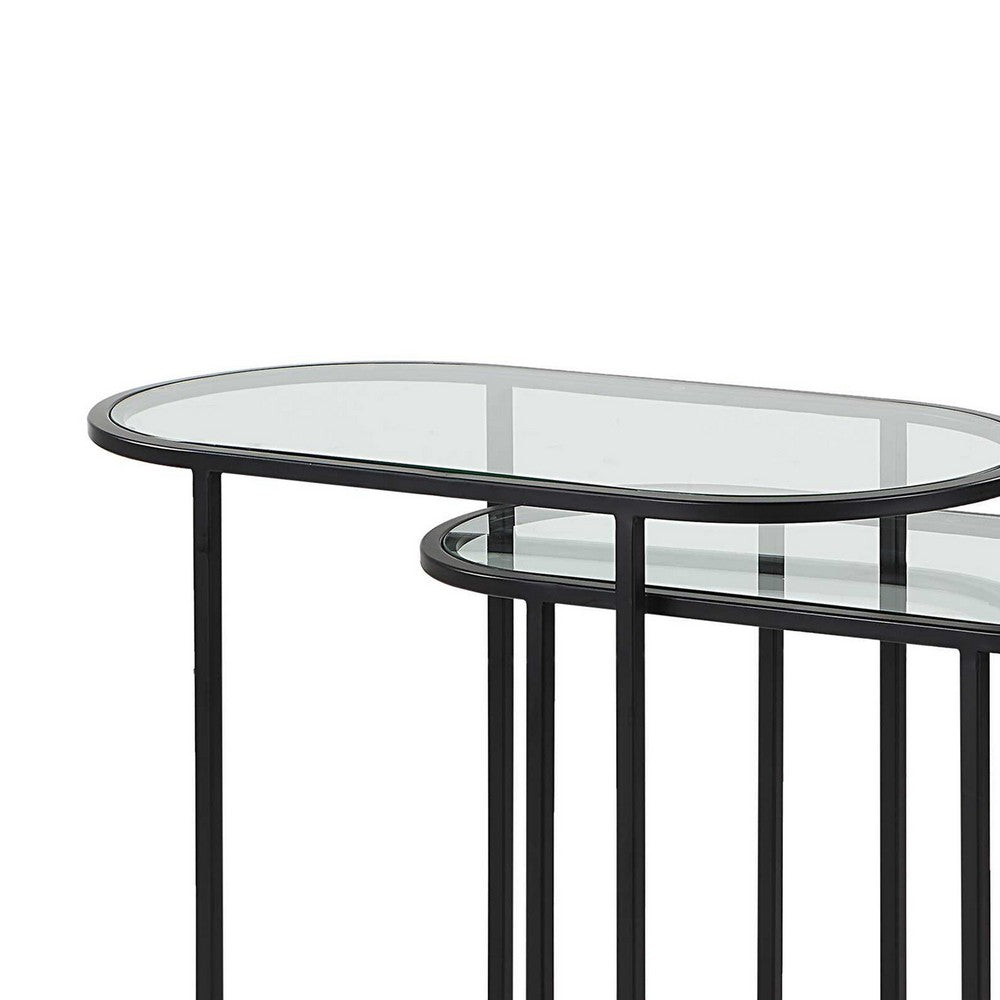Benjara Valo 2pc Nesting Accent Table Set, Glass Oval Top, Retro Matte Black