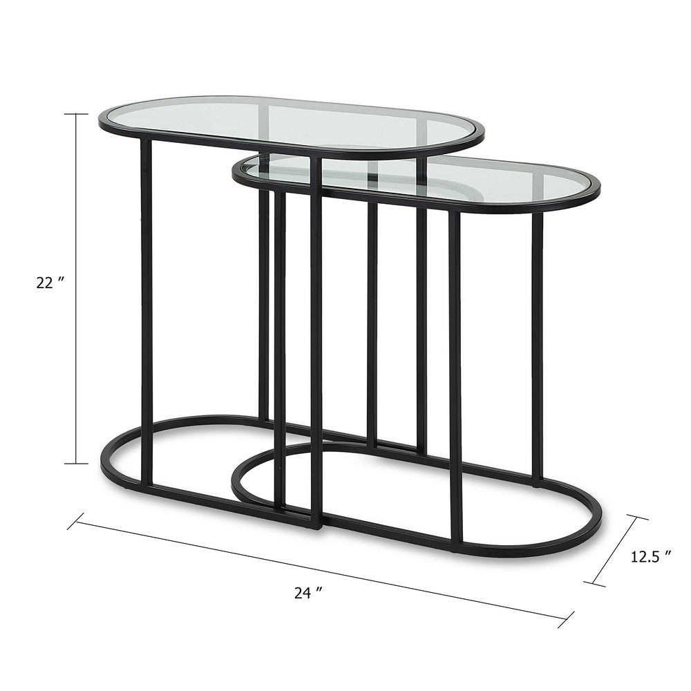 Benjara Valo 2pc Nesting Accent Table Set, Glass Oval Top, Retro Matte Black