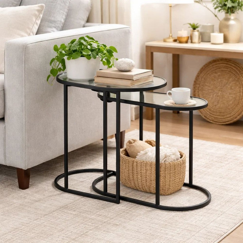 Benjara Valo 2pc Nesting Accent Table Set, Glass Oval Top, Retro Matte Black