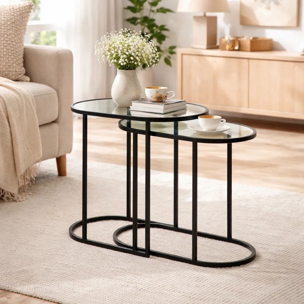 Benjara Valo 2pc Nesting Accent Table Set, Glass Oval Top, Retro Matte Black