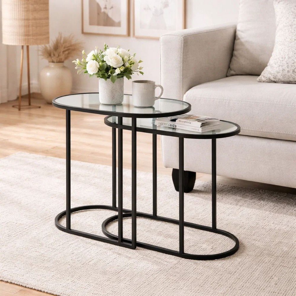 Benjara Valo 2pc Nesting Accent Table Set, Glass Oval Top, Retro Matte Black