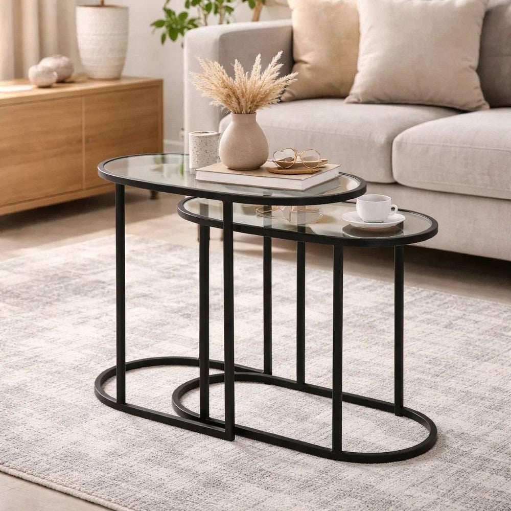 Benjara Valo 2pc Nesting Accent Table Set, Glass Oval Top, Retro Matte Black
