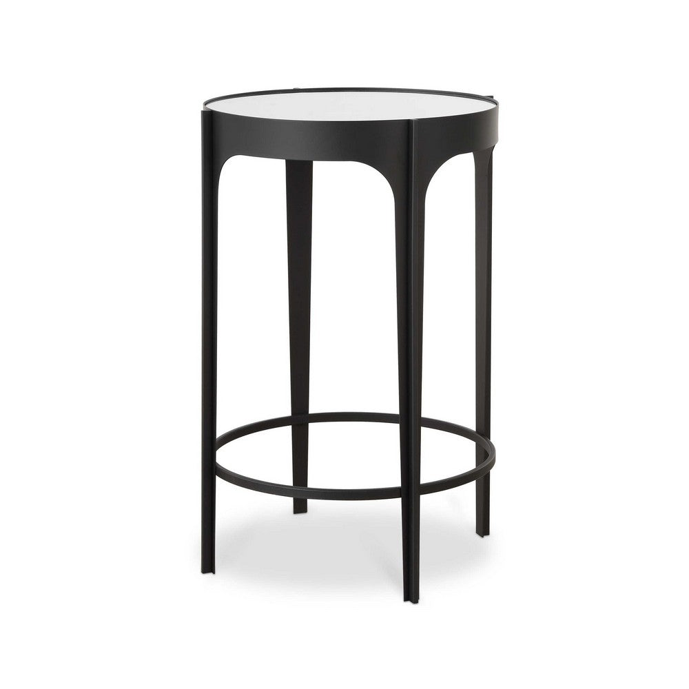Benjara Pery Accent Table, 16 Inch Round Mirrored Top, Matte Black Frame