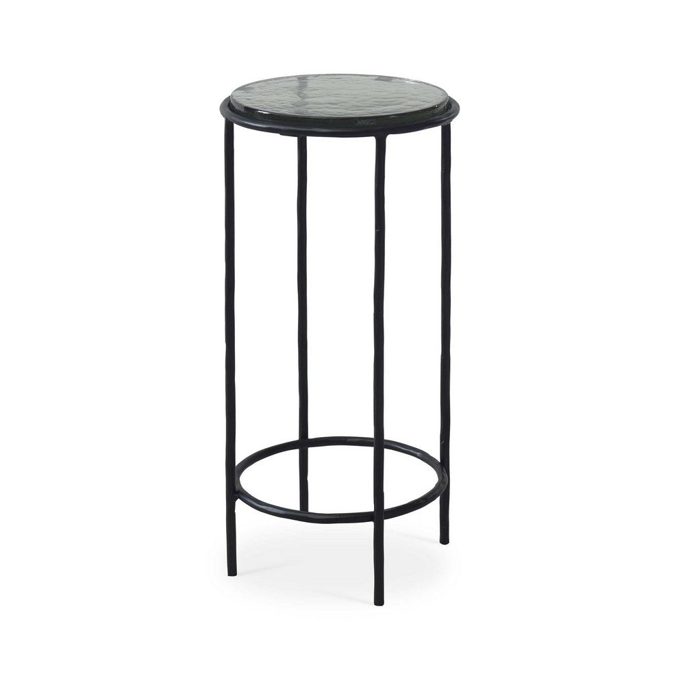 Benjara Hex Accent Table, 12 Inch Round Recycled Glass Top, Black Iron Frame