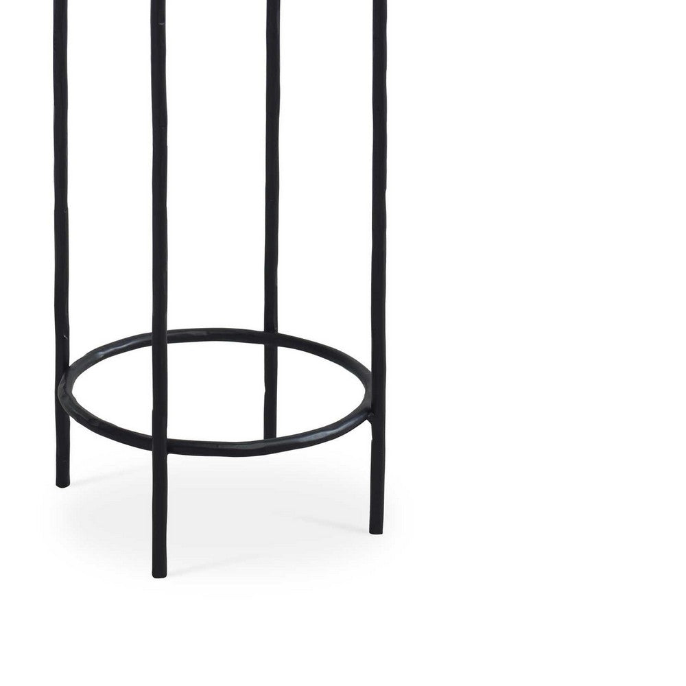 Benjara Hex Accent Table, 12 Inch Round Recycled Glass Top, Black Iron Frame