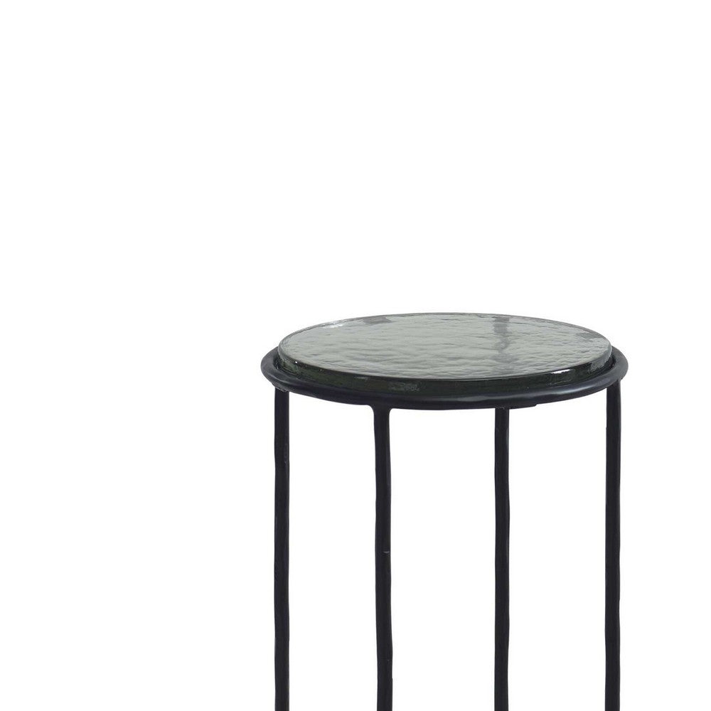 Benjara Hex Accent Table, 12 Inch Round Recycled Glass Top, Black Iron Frame