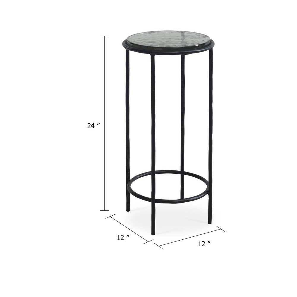 Benjara Hex Accent Table, 12 Inch Round Recycled Glass Top, Black Iron Frame