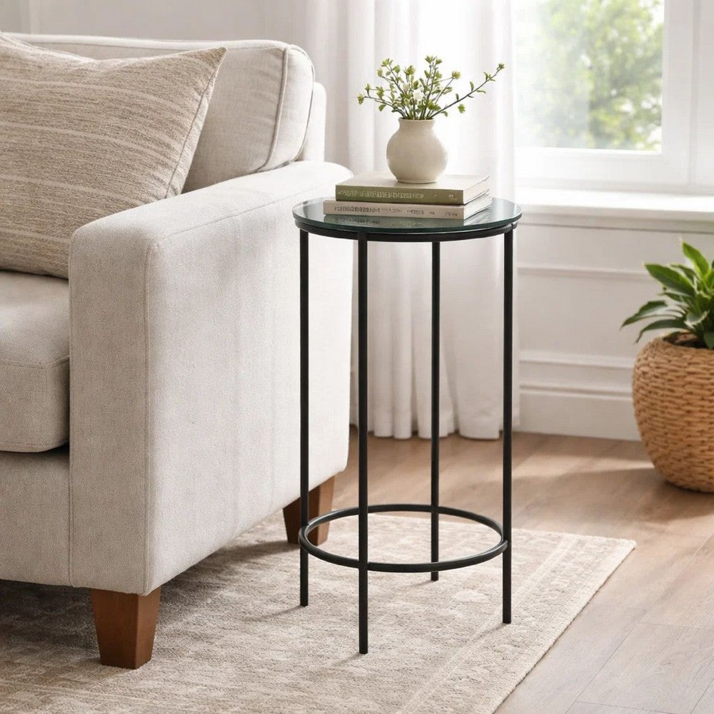 Benjara Hex Accent Table, 12 Inch Round Recycled Glass Top, Black Iron Frame