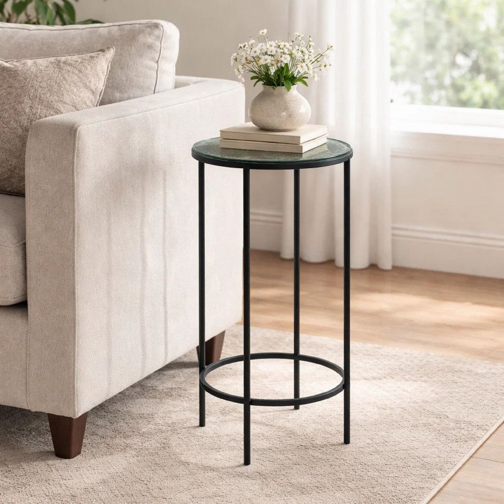 Benjara Hex Accent Table, 12 Inch Round Recycled Glass Top, Black Iron Frame