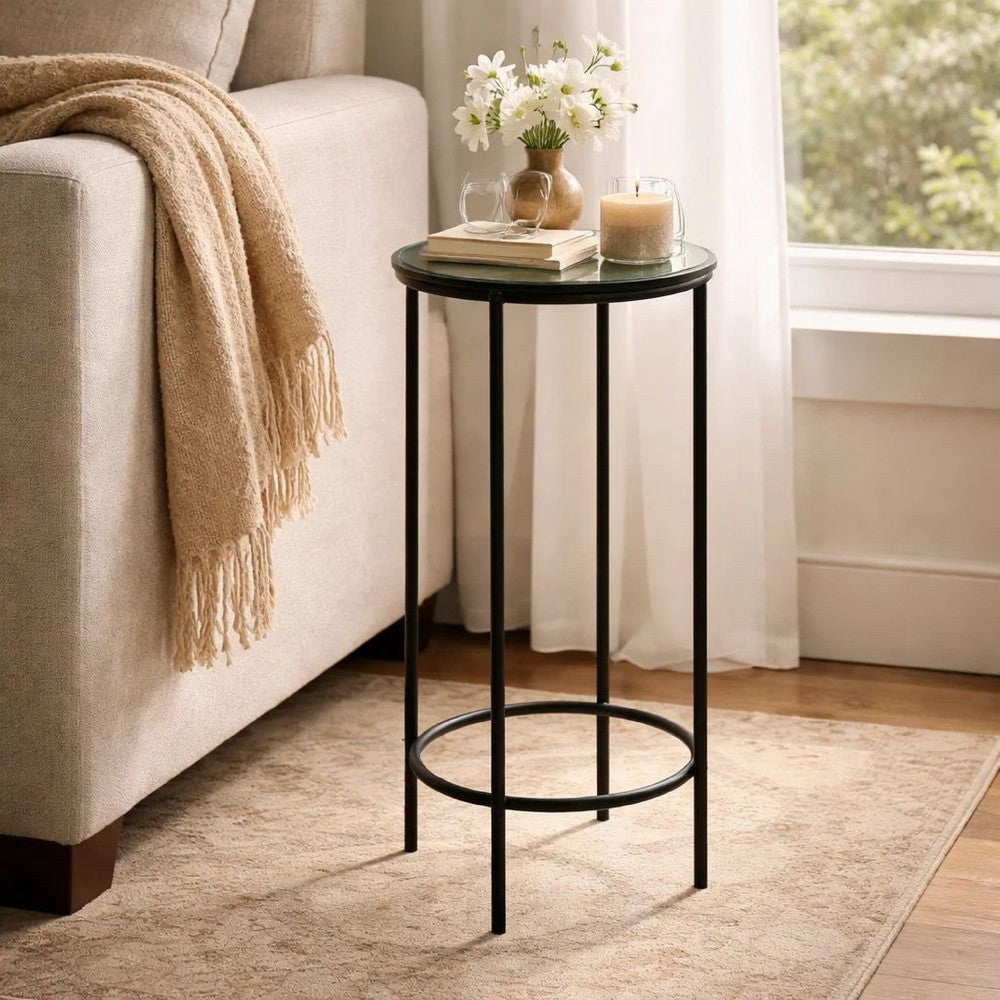 Benjara Hex Accent Table, 12 Inch Round Recycled Glass Top, Black Iron Frame