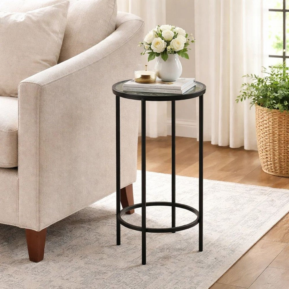 Benjara Hex Accent Table, 12 Inch Round Recycled Glass Top, Black Iron Frame