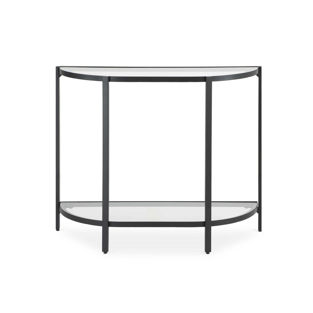 Benjara Nizy Sofa Console Table, 36 Inch Glass Top, 1 Open Shelf, Black Iron