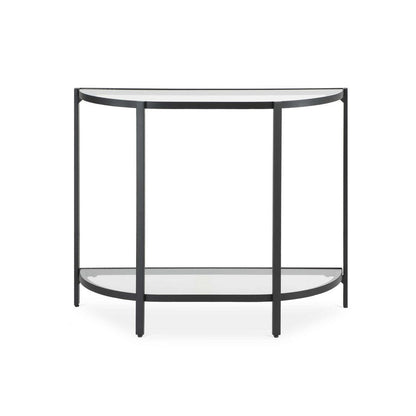 Benjara Nizy Sofa Console Table, 36 Inch Glass Top, 1 Open Shelf, Black Iron