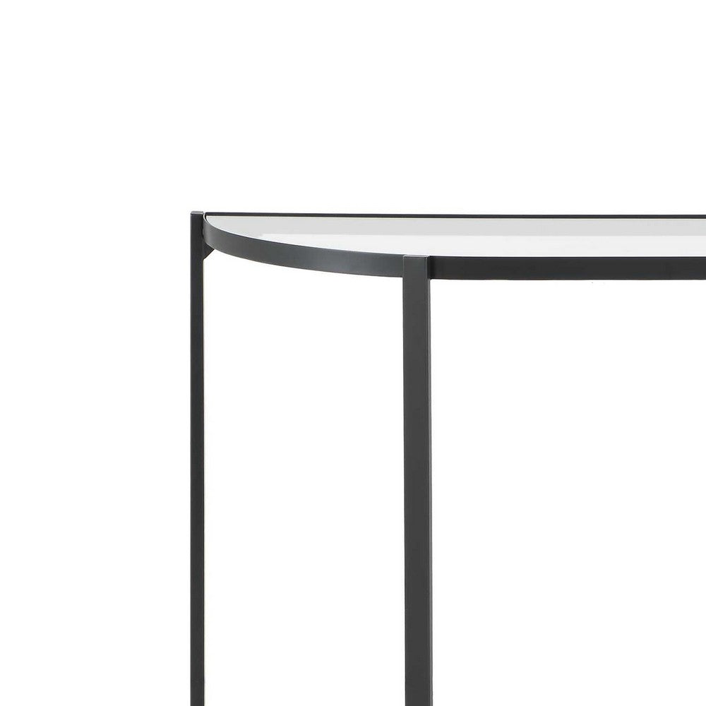 Benjara Nizy Sofa Console Table, 36 Inch Glass Top, 1 Open Shelf, Black Iron