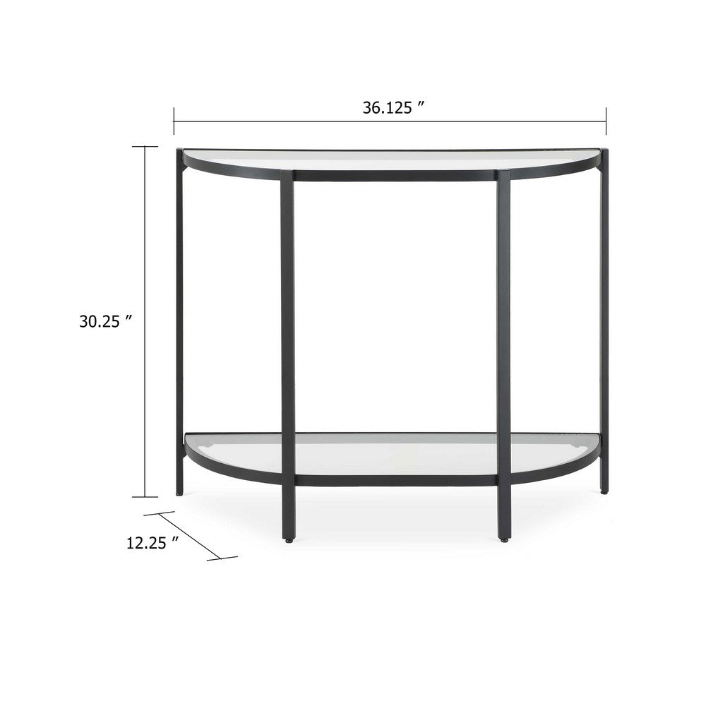 Benjara Nizy Sofa Console Table, 36 Inch Glass Top, 1 Open Shelf, Black Iron