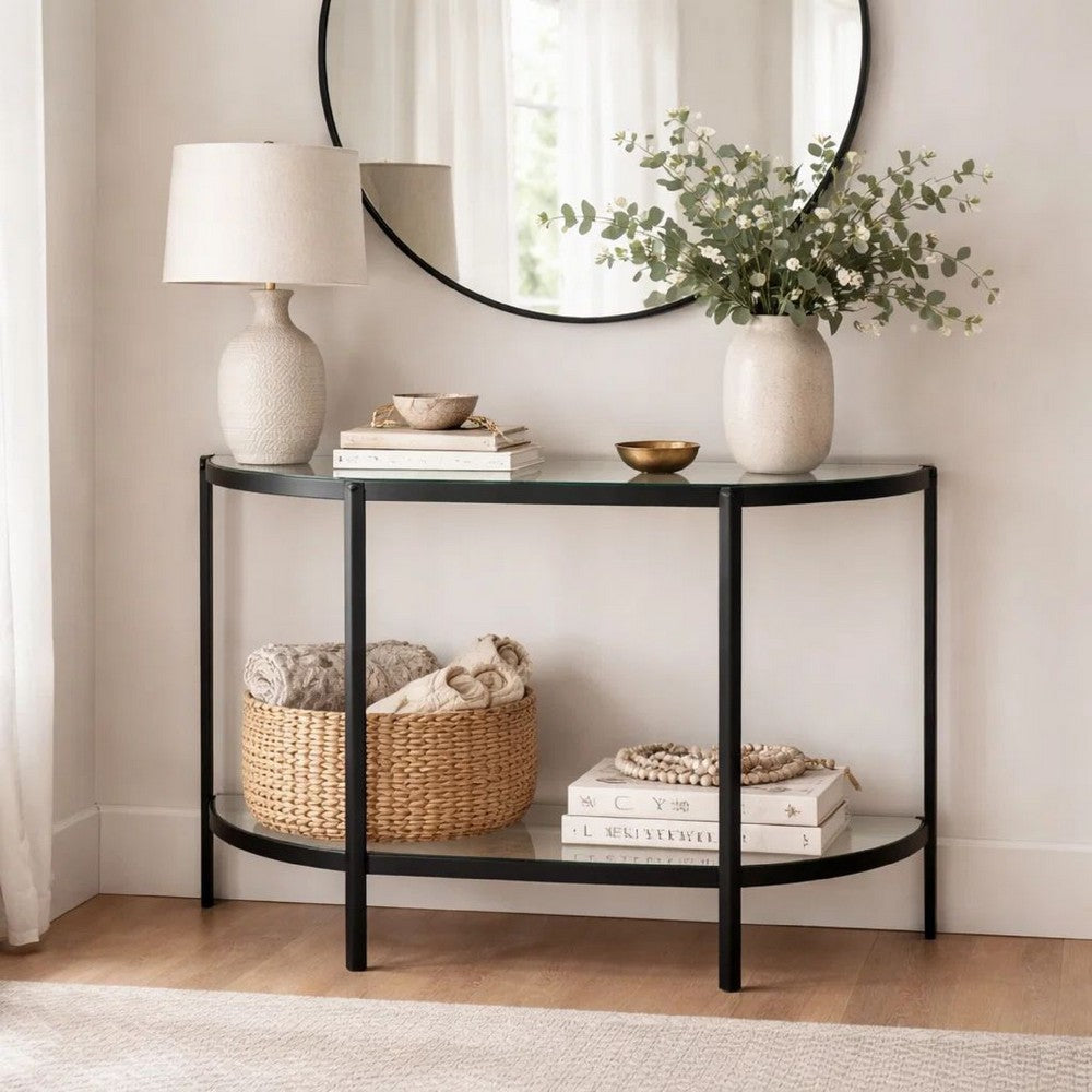 Benjara Nizy Sofa Console Table, 36 Inch Glass Top, 1 Open Shelf, Black Iron