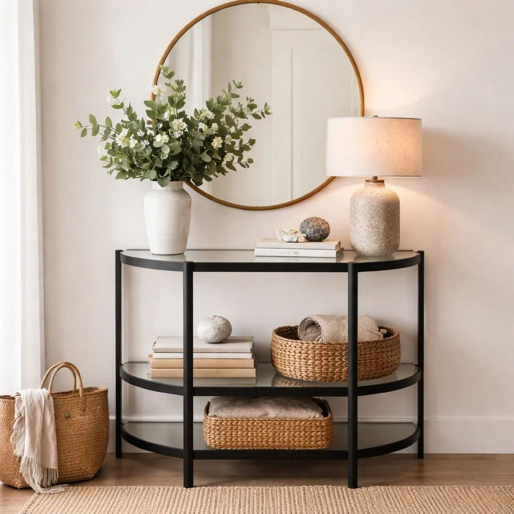 Benjara Nizy Sofa Console Table, 36 Inch Glass Top, 1 Open Shelf, Black Iron