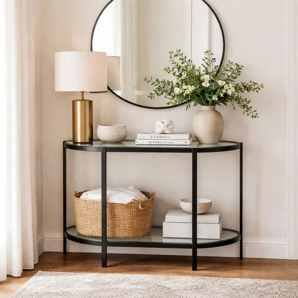 Benjara Nizy Sofa Console Table, 36 Inch Glass Top, 1 Open Shelf, Black Iron