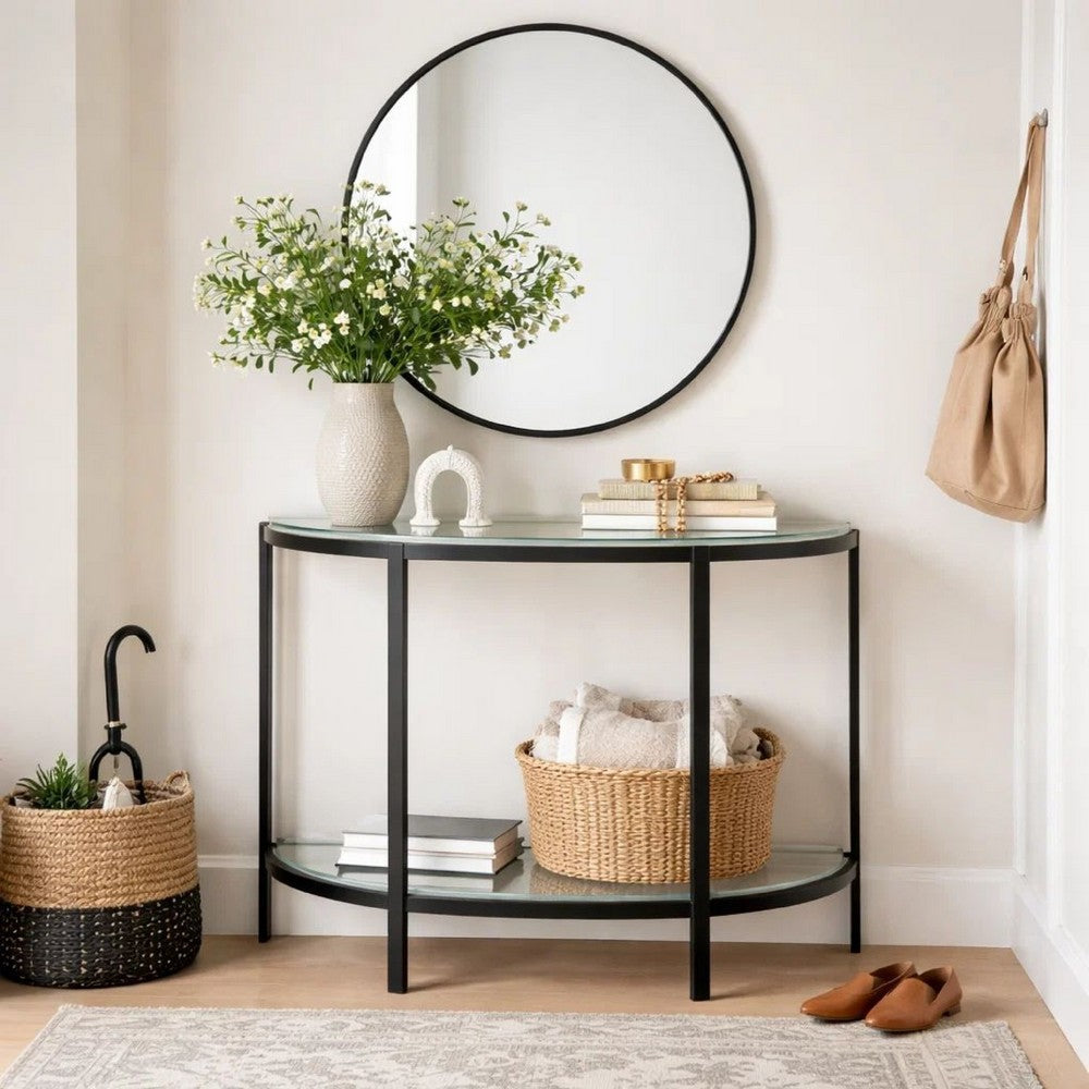 Benjara Nizy Sofa Console Table, 36 Inch Glass Top, 1 Open Shelf, Black Iron