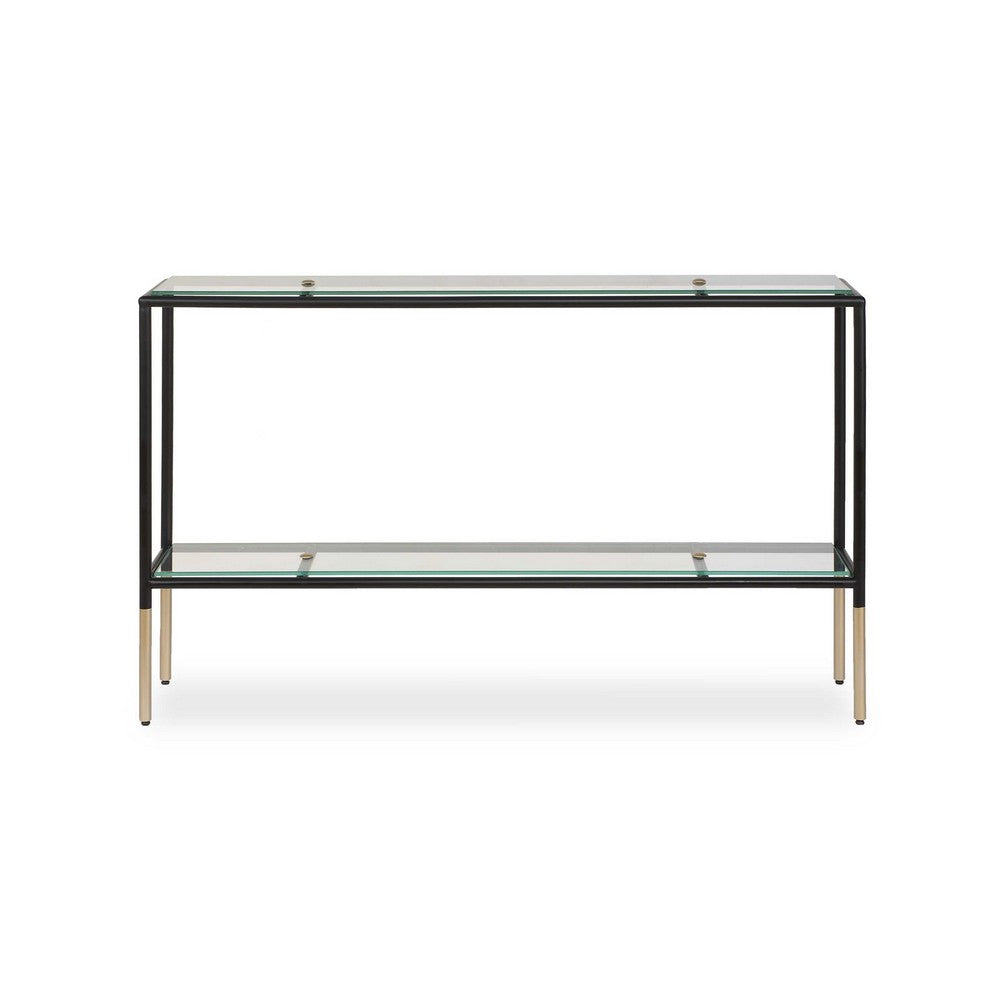 Benjara Beny Sofa Console Table, 48 Inch Glass Top, 1 Shelf, Modern Black Iron