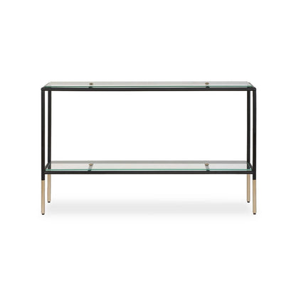 Benjara Beny Sofa Console Table, 48 Inch Glass Top, 1 Shelf, Modern Black Iron