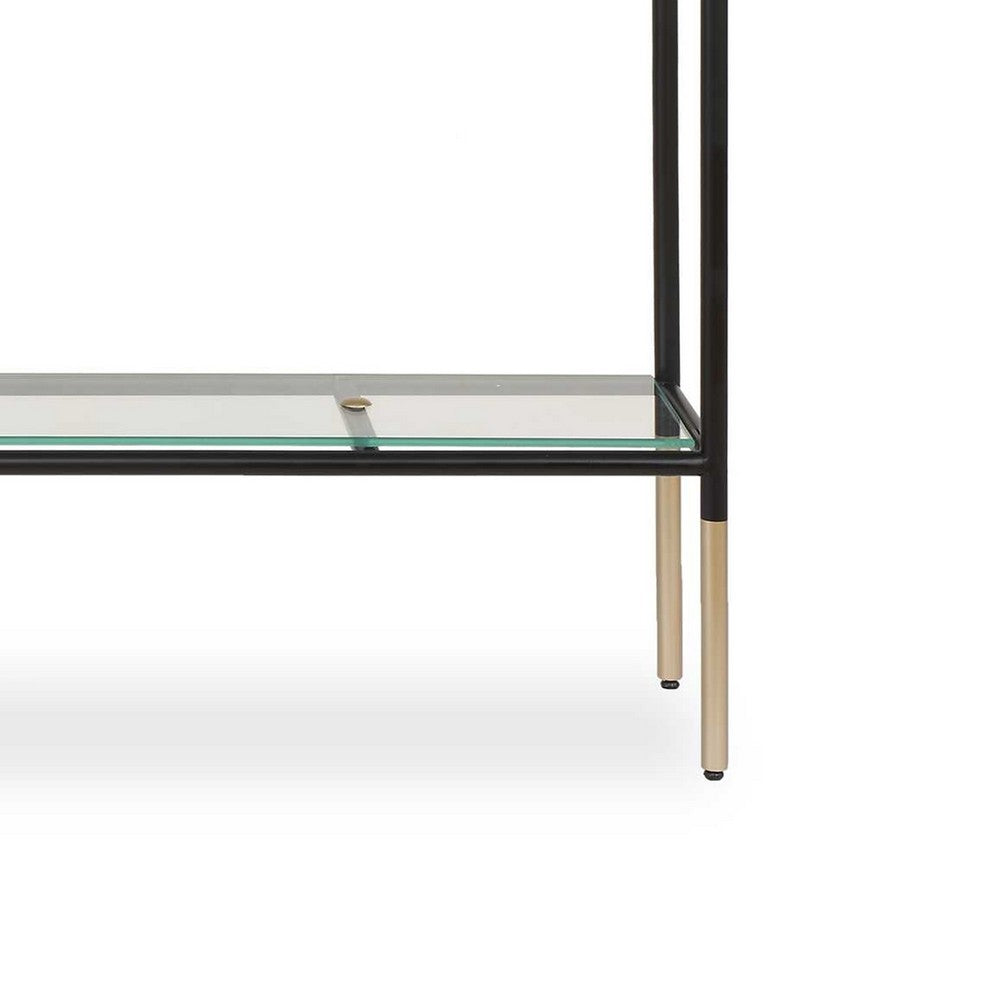 Benjara Beny Sofa Console Table, 48 Inch Glass Top, 1 Shelf, Modern Black Iron