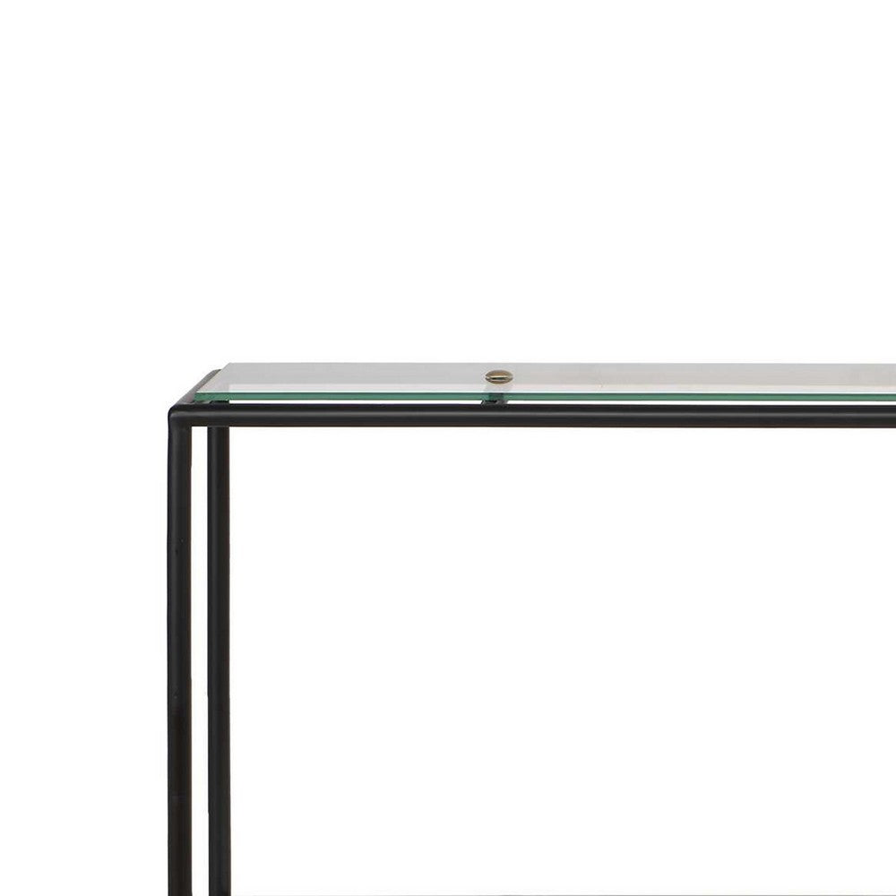 Benjara Beny Sofa Console Table, 48 Inch Glass Top, 1 Shelf, Modern Black Iron
