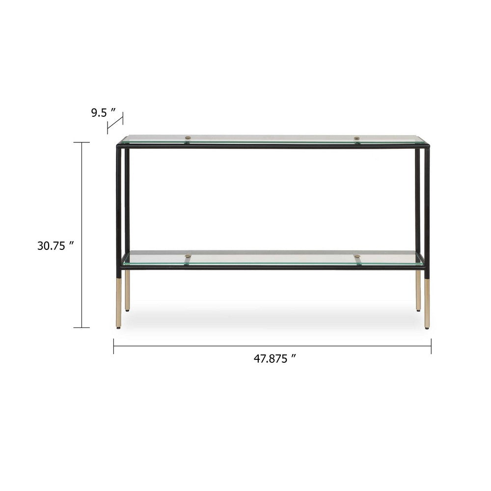Benjara Beny Sofa Console Table, 48 Inch Glass Top, 1 Shelf, Modern Black Iron