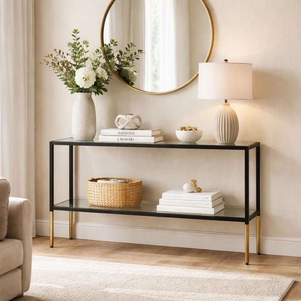 Benjara Beny Sofa Console Table, 48 Inch Glass Top, 1 Shelf, Modern Black Iron