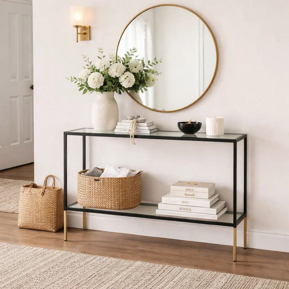 Benjara Beny Sofa Console Table, 48 Inch Glass Top, 1 Shelf, Modern Black Iron