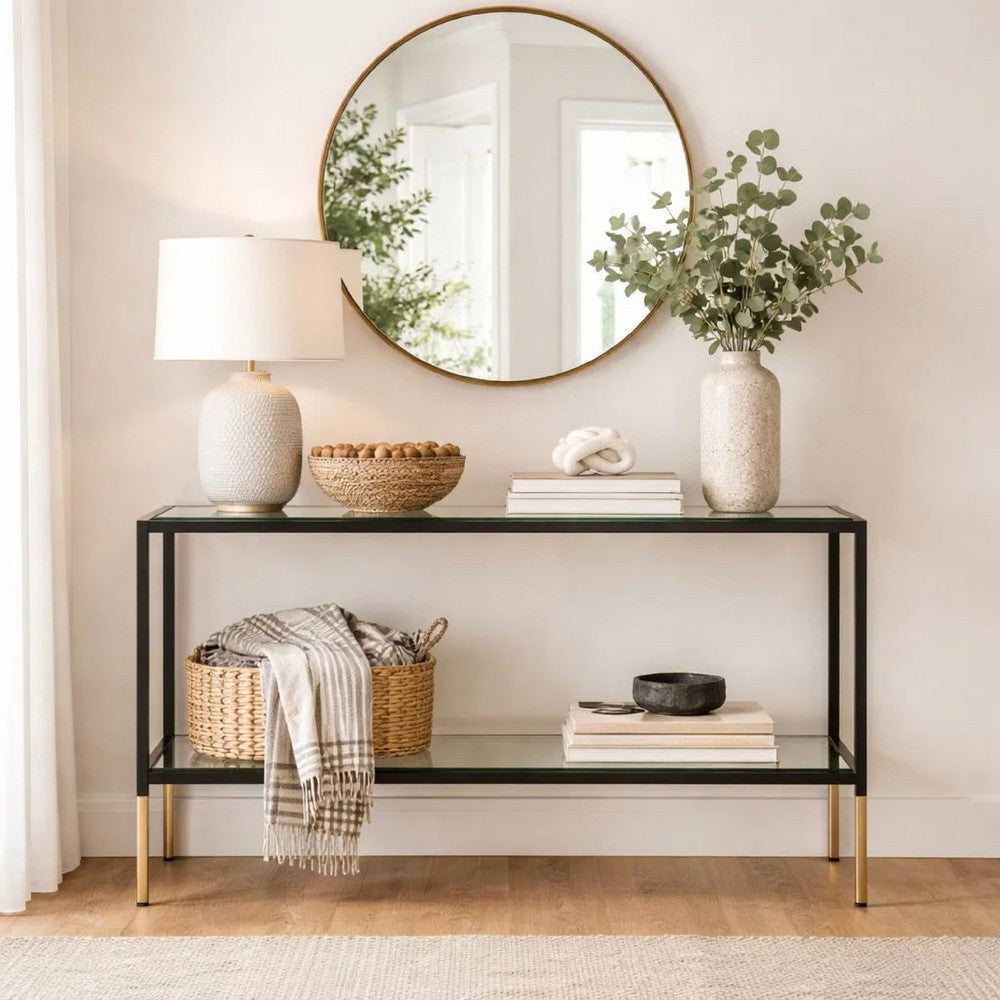 Benjara Beny Sofa Console Table, 48 Inch Glass Top, 1 Shelf, Modern Black Iron