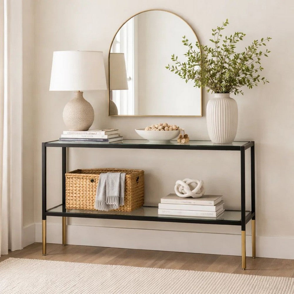 Benjara Beny Sofa Console Table, 48 Inch Glass Top, 1 Shelf, Modern Black Iron