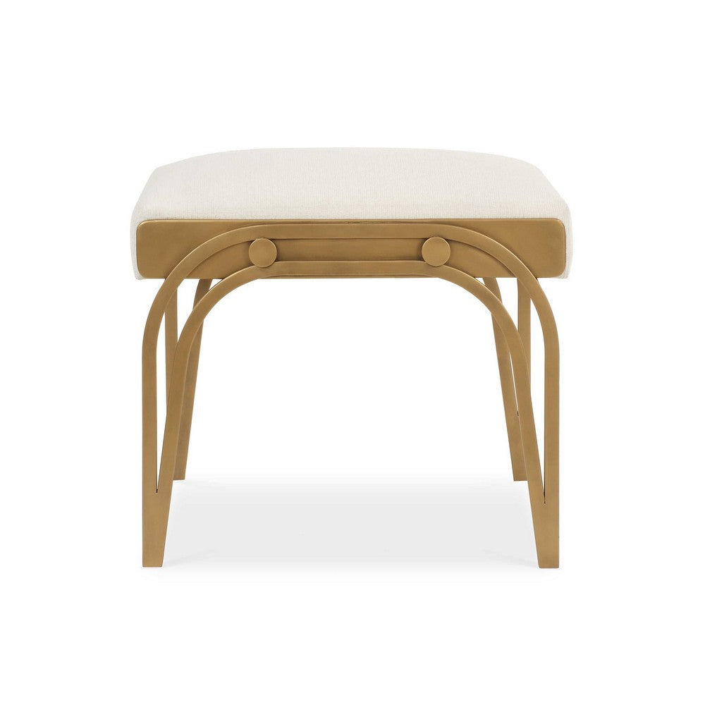 Benjara Nia Accent Bench, 24 Inch Cream White Cushioned Seat, Antique Brass Iron