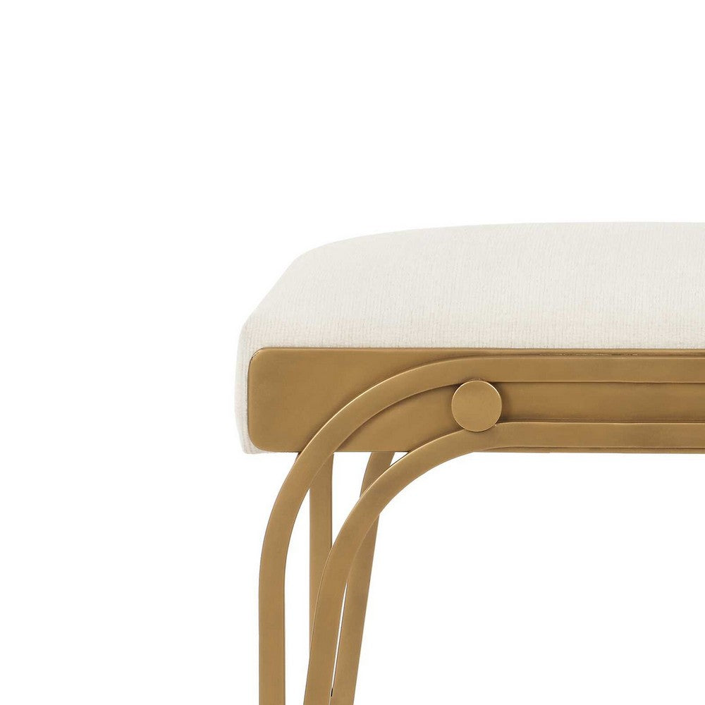 Benjara Nia Accent Bench, 24 Inch Cream White Cushioned Seat, Antique Brass Iron