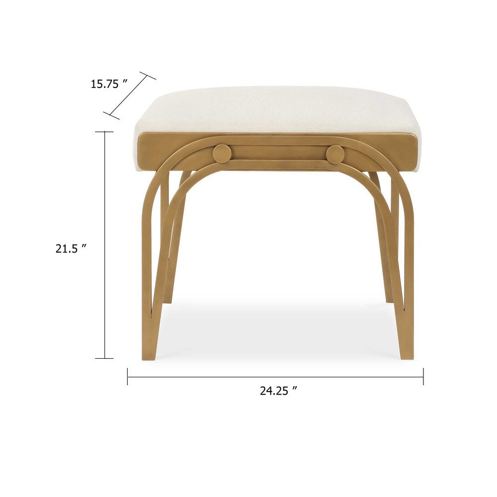 Benjara Nia Accent Bench, 24 Inch Cream White Cushioned Seat, Antique Brass Iron