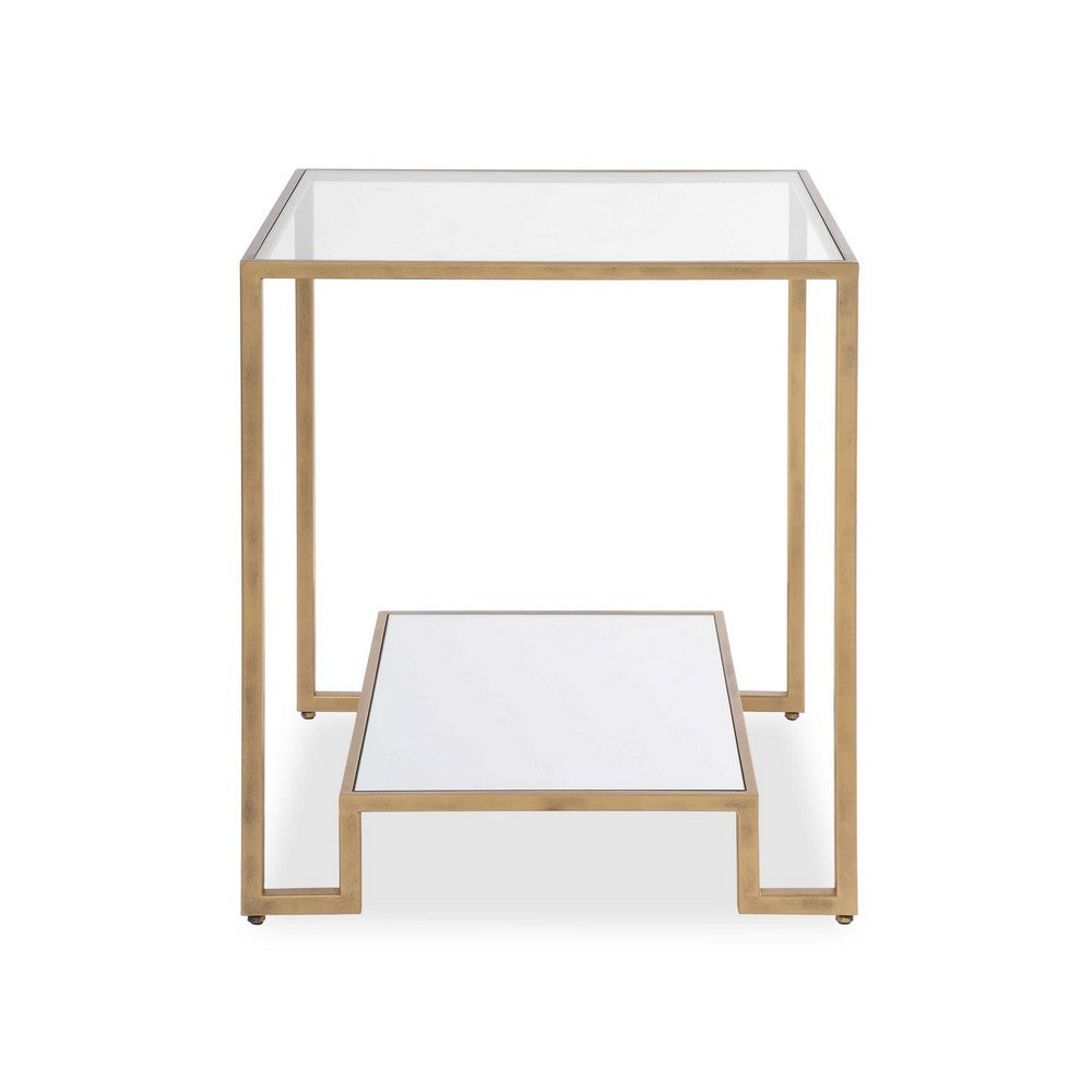 Benjara Kix Side End Table, 20 Inch Square Glass Top, Open Shelf, Antique Gold
