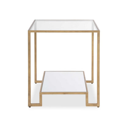Benjara Kix Side End Table, 20 Inch Square Glass Top, Open Shelf, Antique Gold