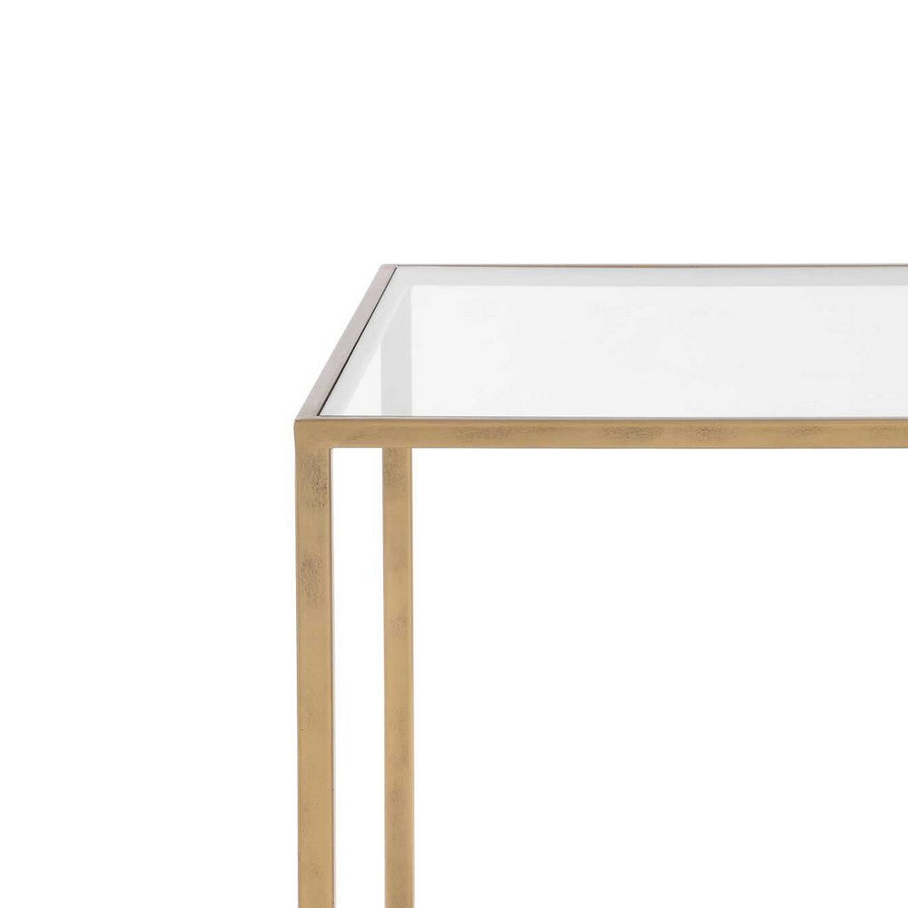 Benjara Kix Side End Table, 20 Inch Square Glass Top, Open Shelf, Antique Gold