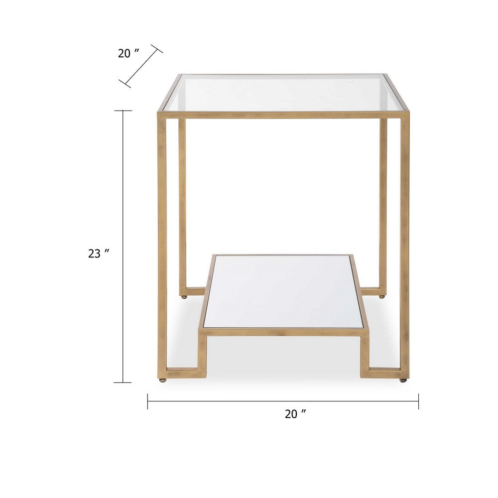 Benjara Kix Side End Table, 20 Inch Square Glass Top, Open Shelf, Antique Gold
