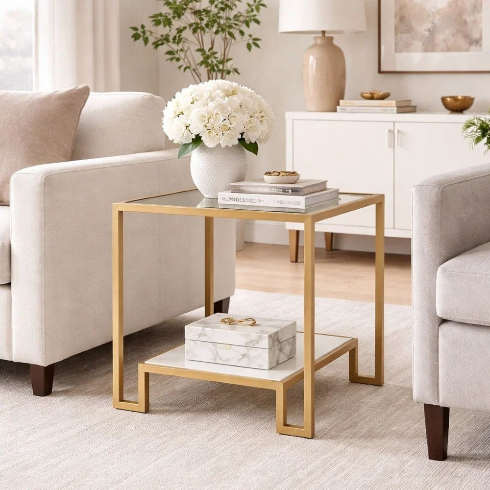 Benjara Kix Side End Table, 20 Inch Square Glass Top, Open Shelf, Antique Gold
